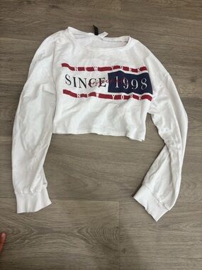 White Cropped Long Sleeve Graphic Tee - 'Since 1998' Red & Navy Print